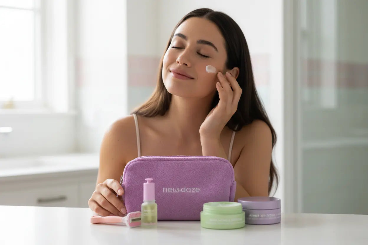 Woman applying cream to her face with a New Day Cosmetics kit on a table.