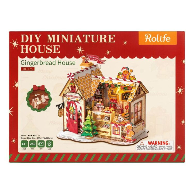Rolife DIY Miniature House Gingerbread House kit packaging, showing a completed 3D assembled gingerbread house model on the front with product details and age suitability.