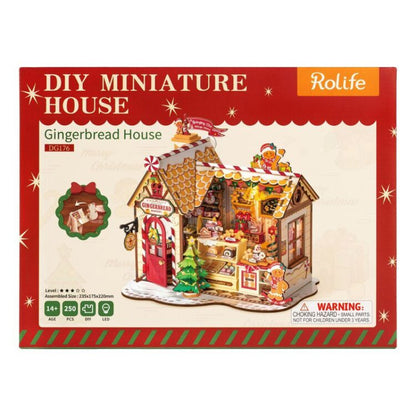Rolife DIY Miniature House Gingerbread House kit packaging, showing a completed 3D assembled gingerbread house model on the front with product details and age suitability.