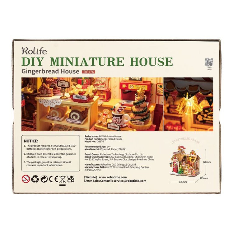 Front of the Rolife DIY Miniature House Gingerbread House kit box, showing product title, photos of assembled miniature houses, instructions, and a small line drawing of the house on a white background.