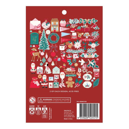 A package of Christmas-themed sticker sheets featuring various festive illustrations such as Santa Claus, gingerbread men, wreaths, ornaments, and holiday houses on a red backing card.