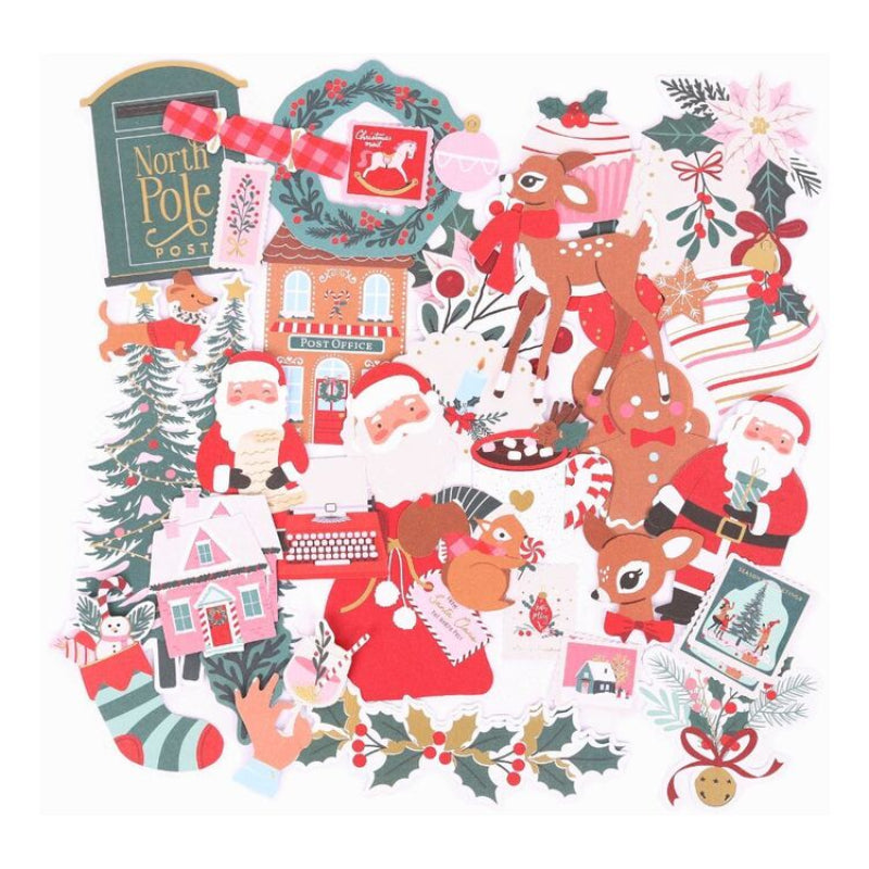 A festive Christmas collage illustration featuring Santa Claus, reindeer, gingerbread cookies, a mailbox, a house, a wreath, candy canes, and holiday decorations on a white background.