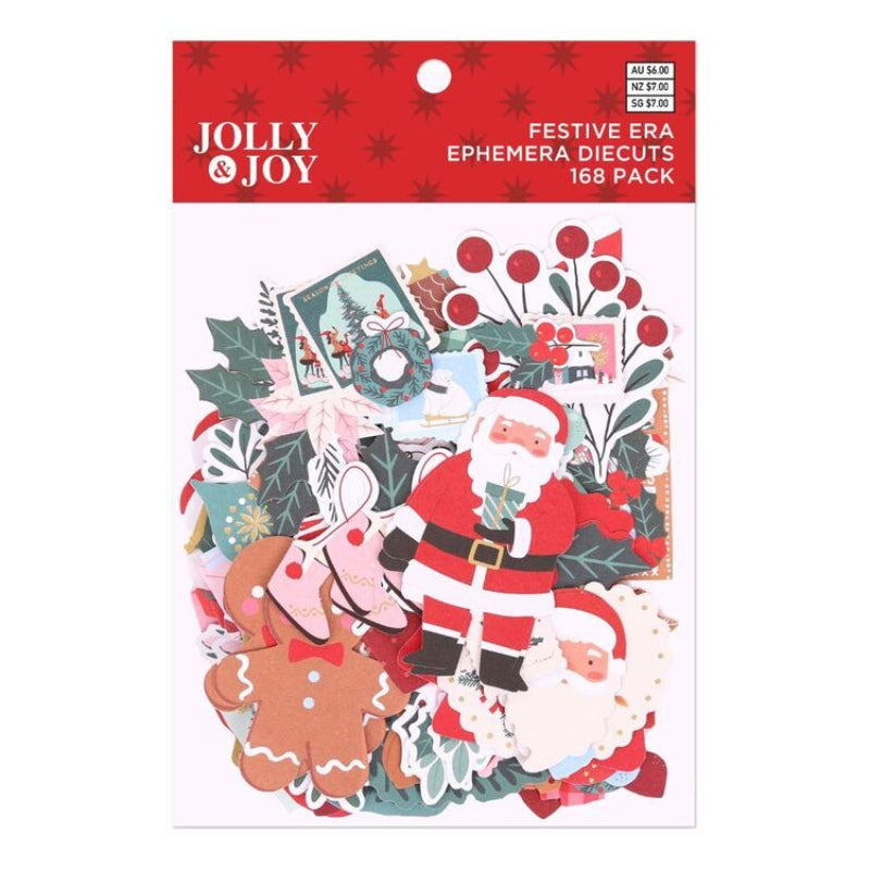 Jolly & Joy Festive Era Ephemera Diecuts 168 Pack, featuring a collection of Christmas-themed paper cutouts including Santa Claus, gingerbread men, wreaths, and holly on a white backing card with a red header.