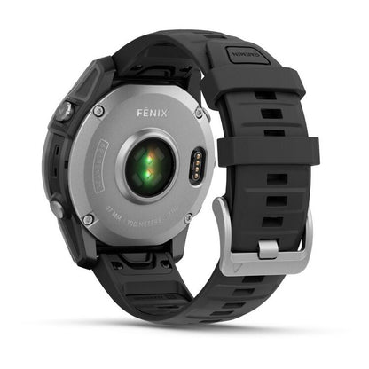 Garmin Fenix smartwatch with black band on a white background