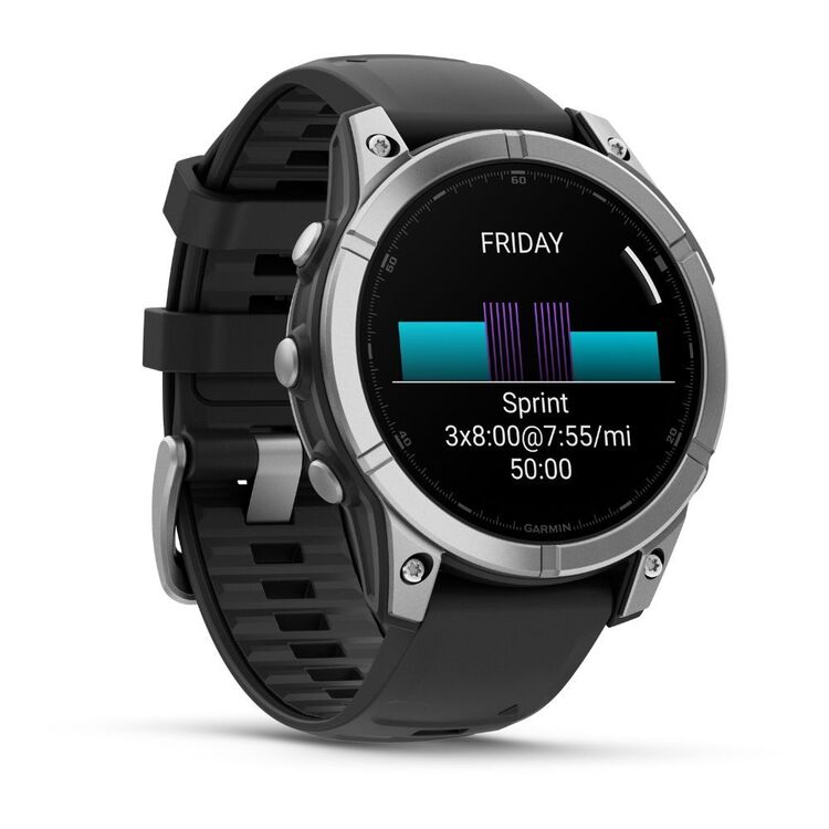 Black smartwatch with a display showing fitness data on a white background