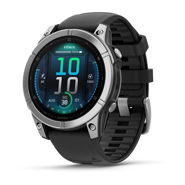 Smartwatch with black band and digital display on a white background