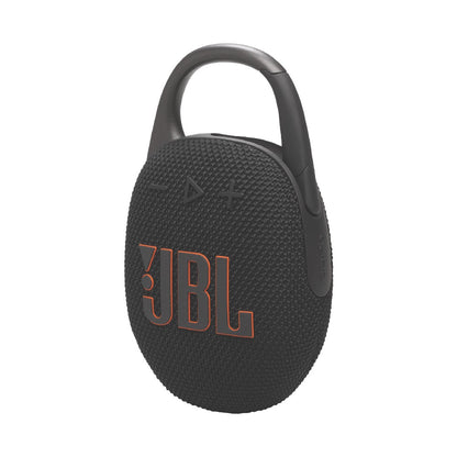 JBL Clip 5 black Bluetooth speaker with carabiner on white background