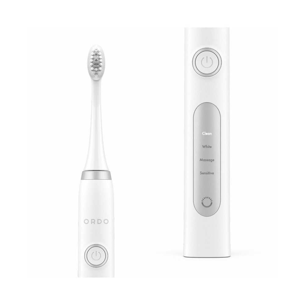 Ordo Sonic Plus electric toothbrush in white and silver on white background