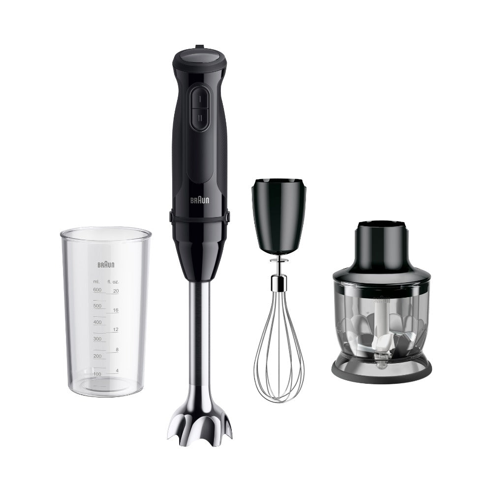 Braun MultiQuick 3 hand blender with beaker whisk and chopper on white background