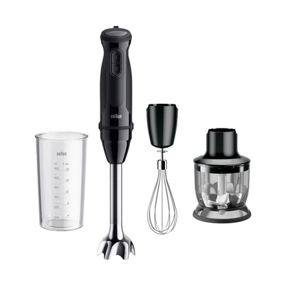 Braun MultiQuick 3 hand blender with beaker whisk and chopper on white background