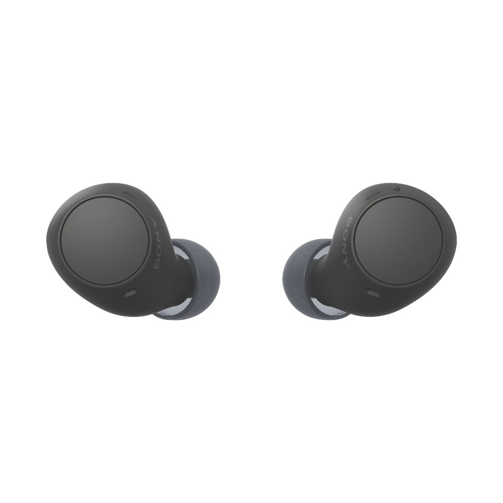 Sony WF-C510 black truly wireless earbuds on white background