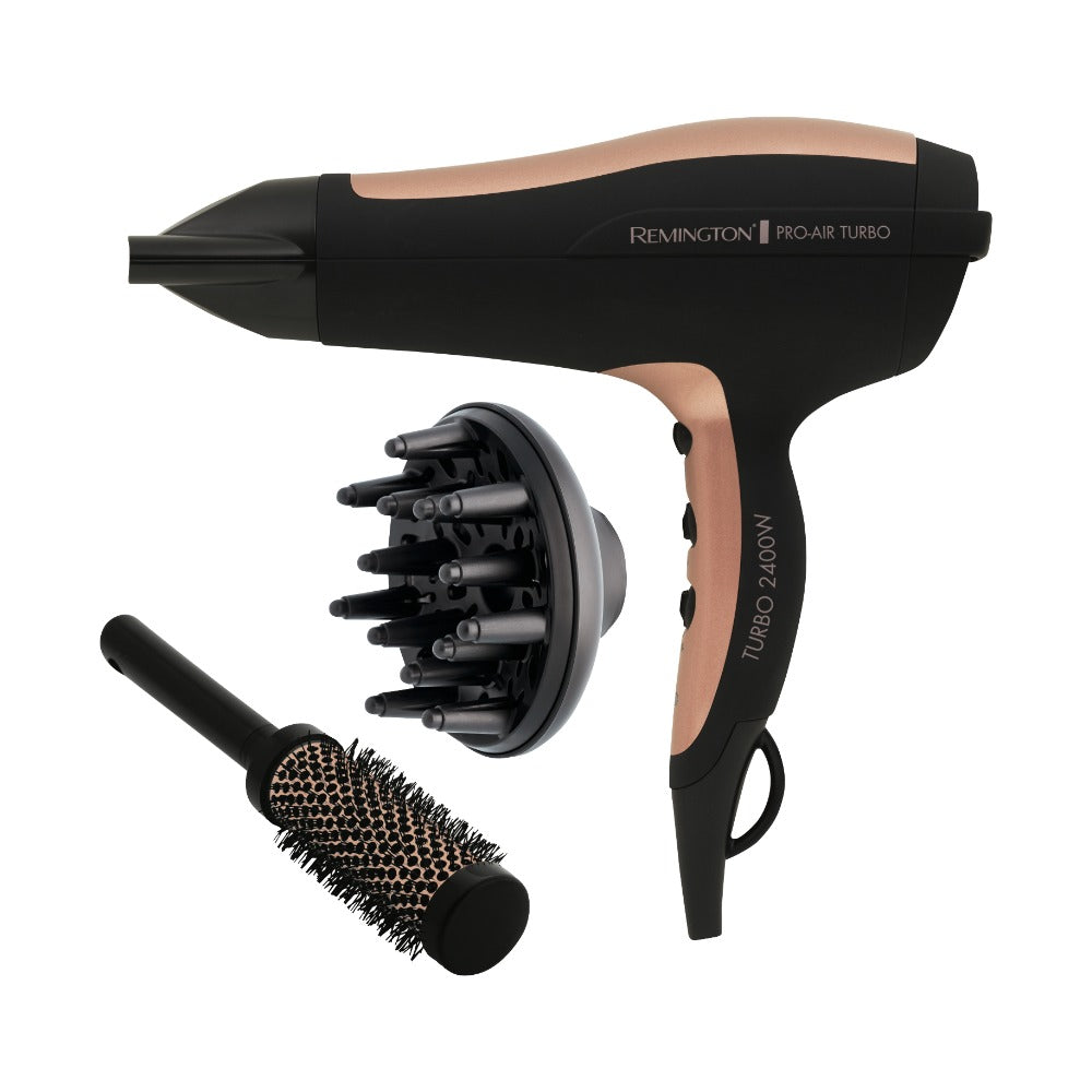 Remington Pro Air Turbo 2400W hair dryer with diffuser and round brush on white background