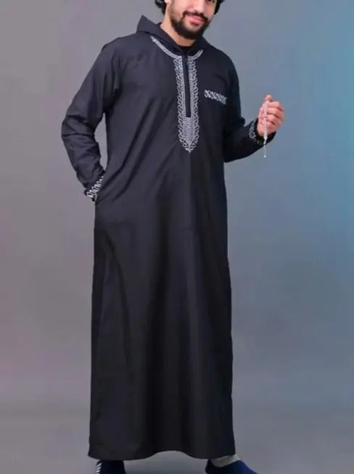 Men's Hooded Moroccan Thobe – Luxury Embroidered Robe AEX Av8Store