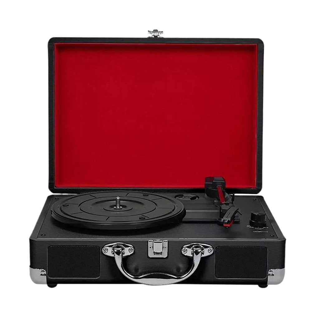 Black retro suitcase vinyl record player turntable with red lined lid, built-in speakers and carry handle