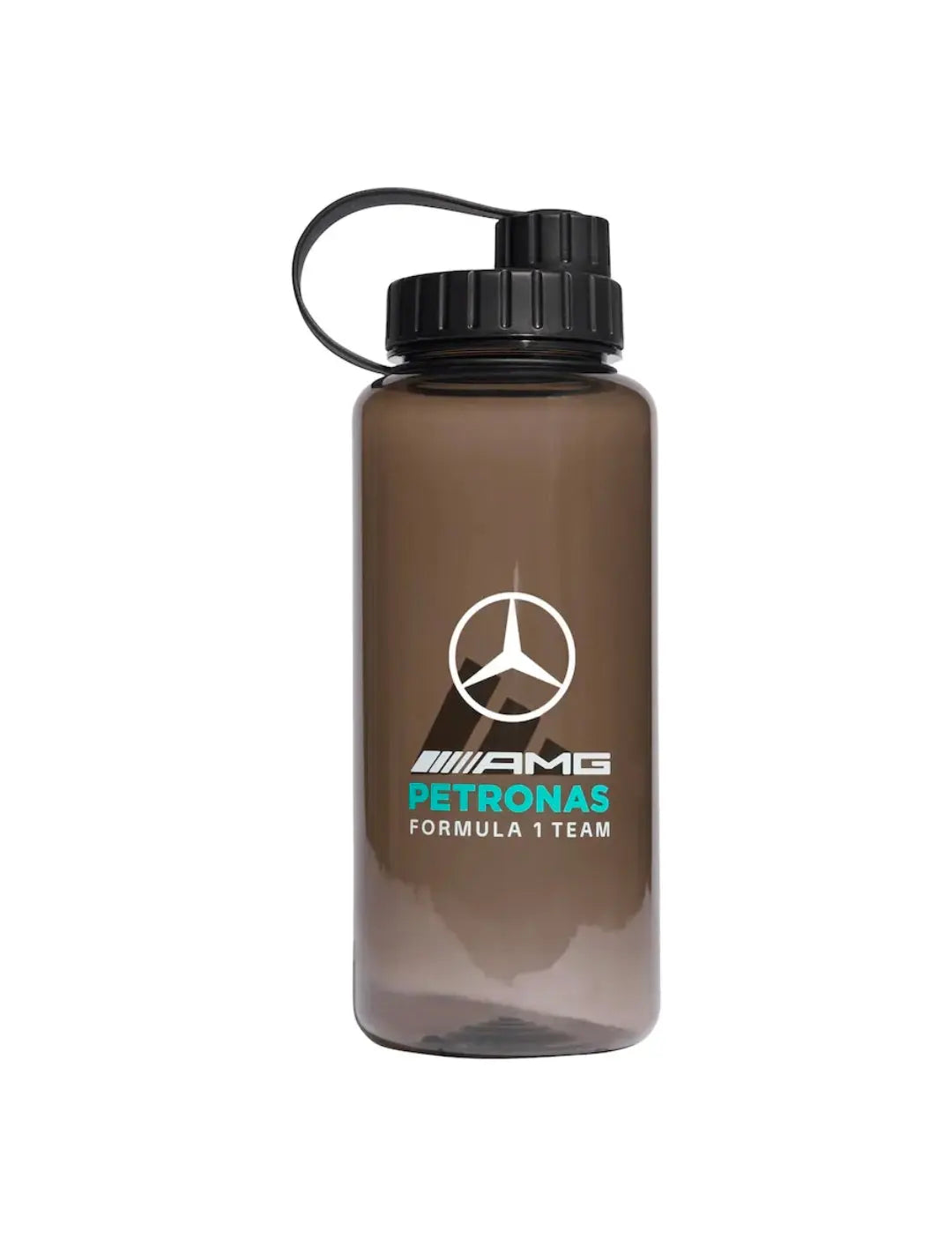 Brown water bottle with Mercedes AMG Petronas Formula 1 Team logo on a white background