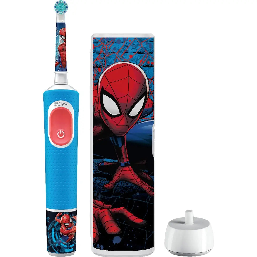 Spider-Man themed electric toothbrush set with blue handle and red mask design.