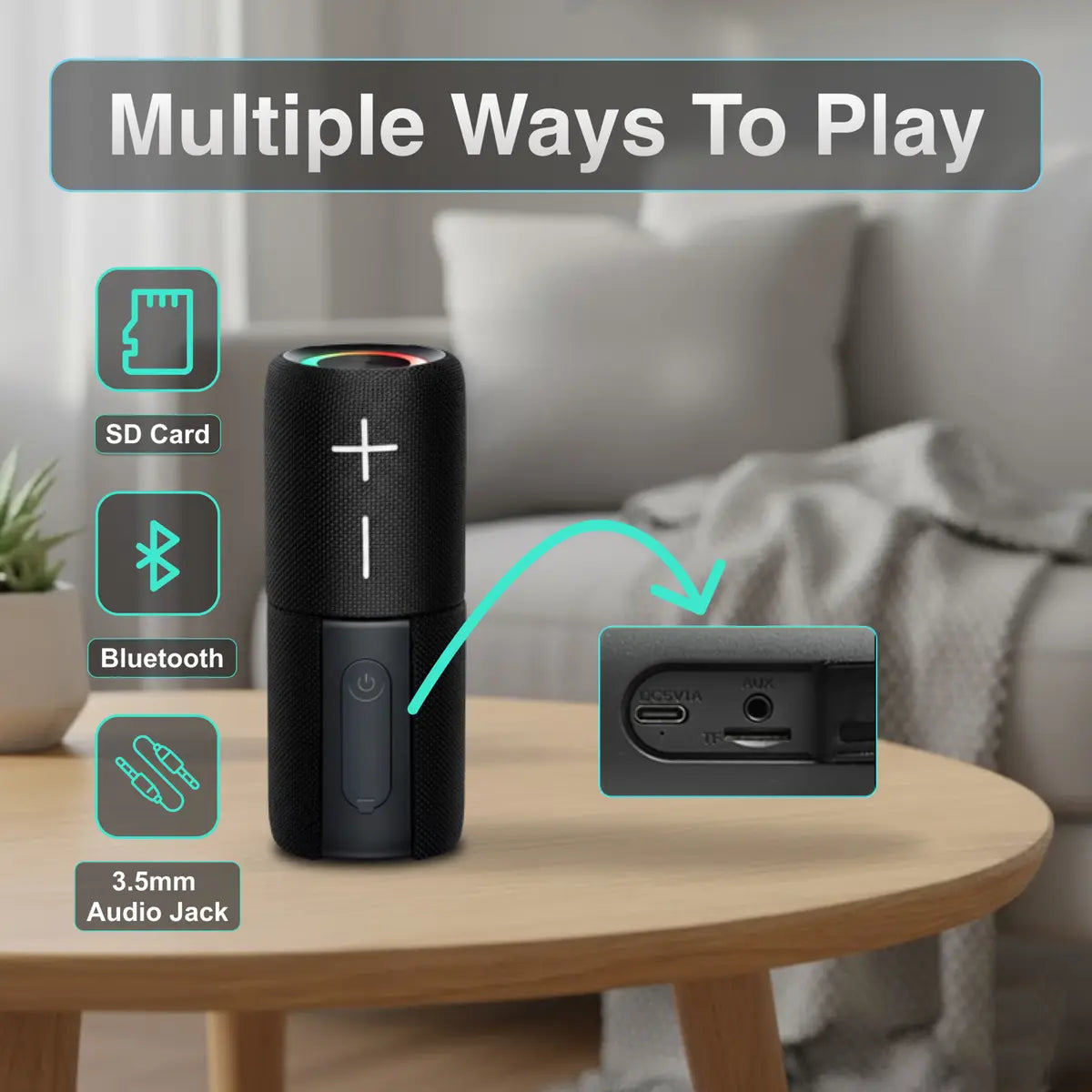 Black electronic device with connectivity options on a table, with a living room background.
