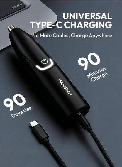 Black charging cable with USB-C connector on a dark background, featuring text about universal type-C charging.
