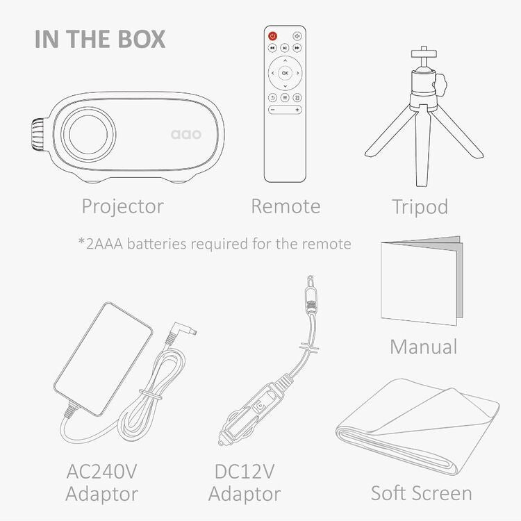 AAO Mini Portable Projector Kit – Tripod & 60" 16:9 Soft Screen Included