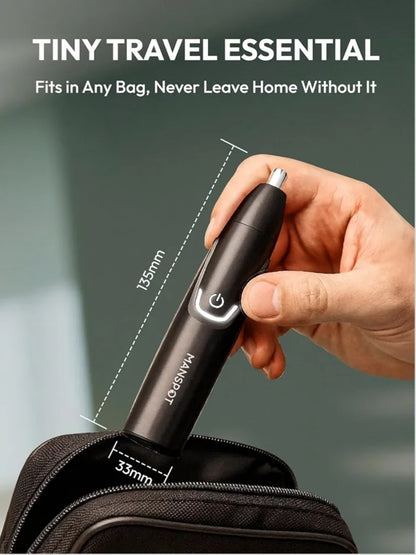 Hand holding a black device with measurements, text 'Tiny Travel Essential' on a gray background