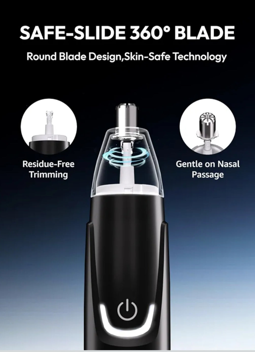 Black grooming tool with 'Safe-Slide 360° Blade' text and features on a gradient background
