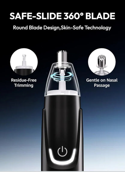 Black grooming tool with 'Safe-Slide 360° Blade' text and features on a gradient background