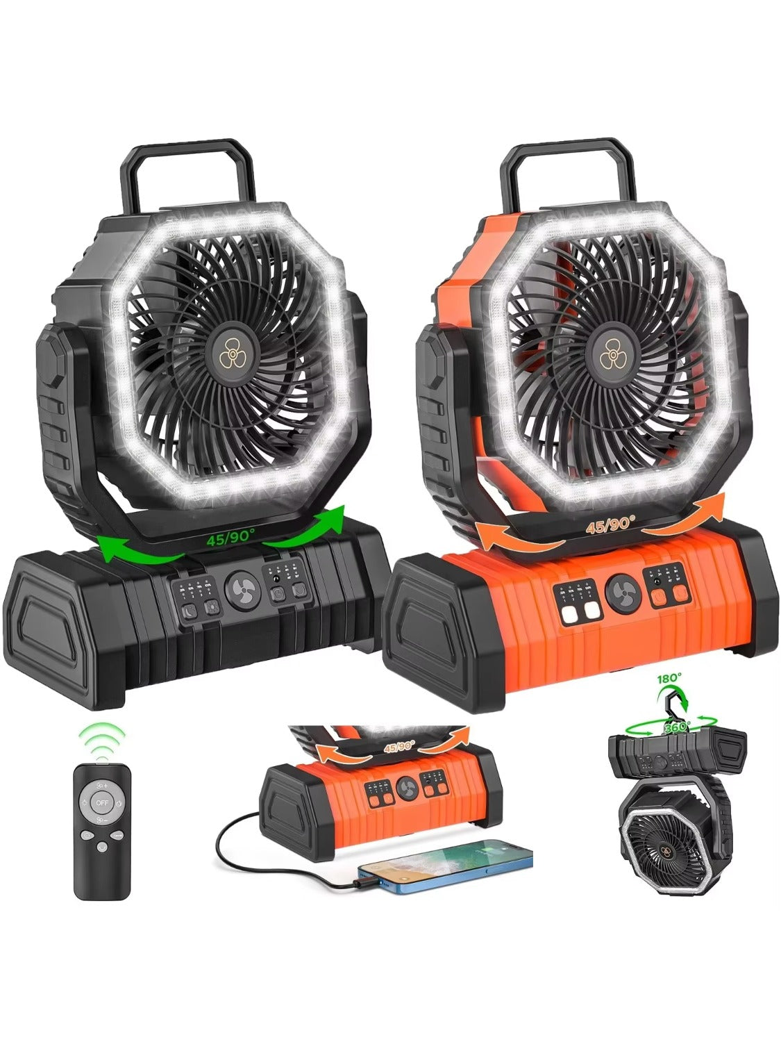 XIAOTREE 20000mAh camping fan hanging inside tent with LED light on