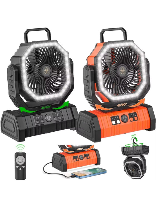 XIAOTREE 20000mAh camping fan hanging inside tent with LED light on