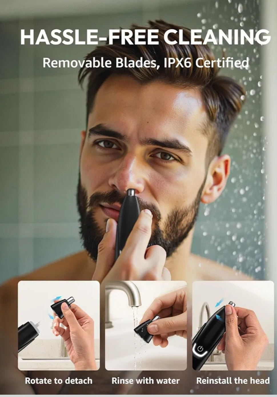 Man using a beard trimmer with text about hassle-free cleaning and product features.