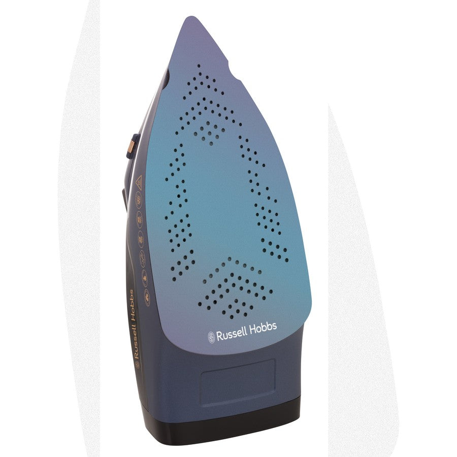 Blue and black iron with 'Russell Hobbs' branding on a white background