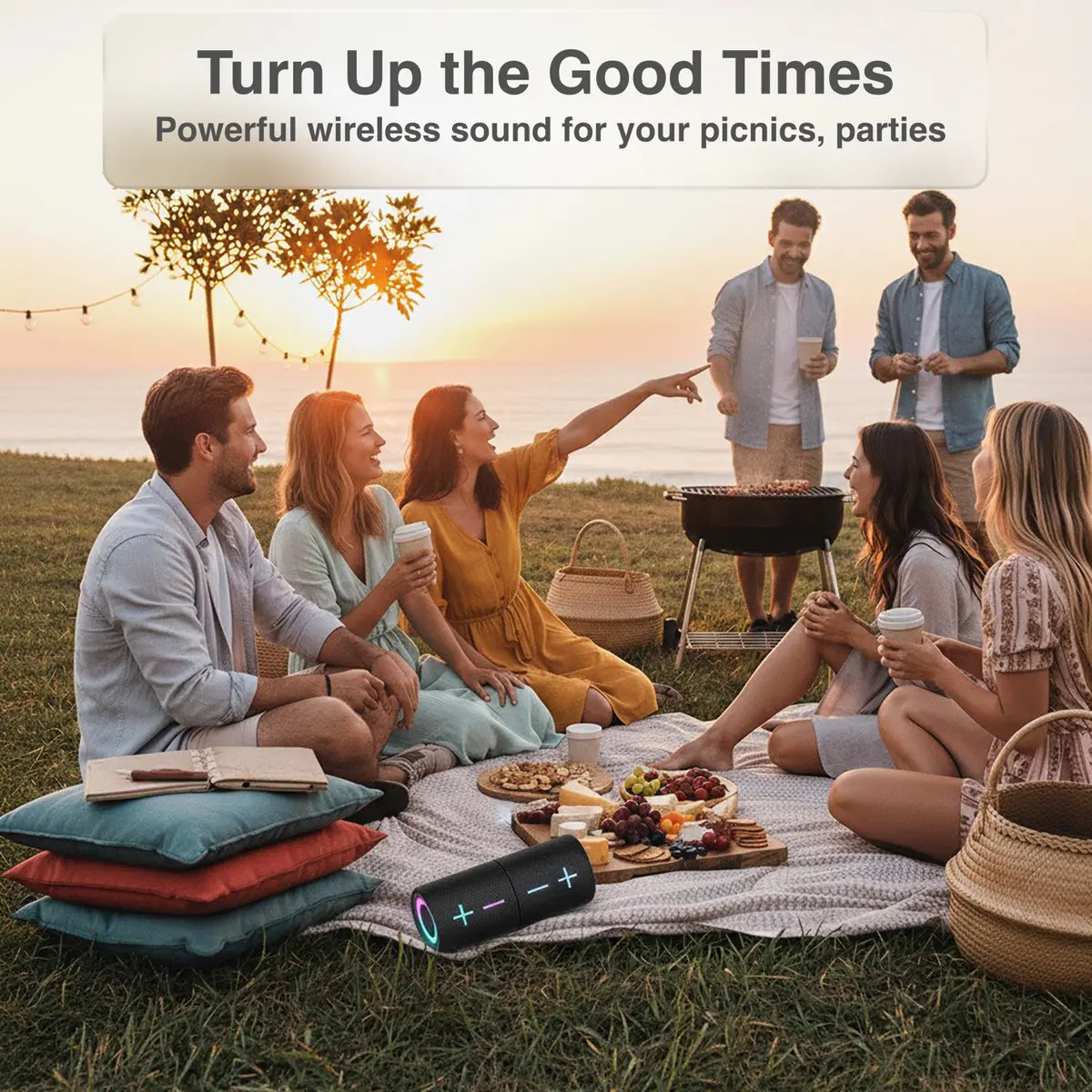 Group of people enjoying a picnic with a wireless speaker, with text 'Turn Up the Good Times' and 'Powerful wireless sound for your picnics, parties'.
