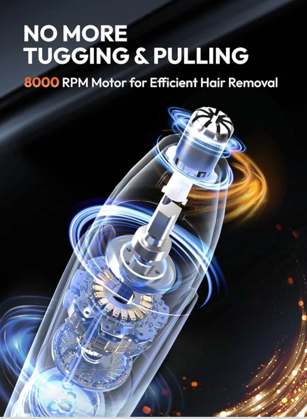 Hair removal device with 8000 RPM motor on a dark background