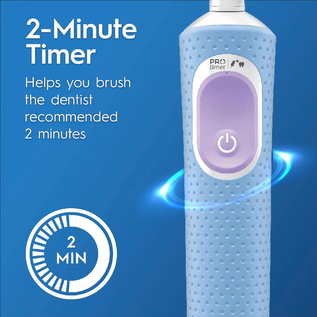 Electric toothbrush with 2-minute timer on a blue background