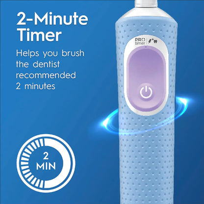 Electric toothbrush with 2-minute timer on a blue background