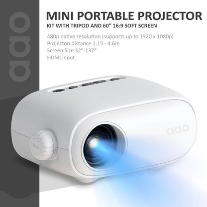 AAO Mini Portable Projector Kit – Tripod & 60" 16:9 Soft Screen Included