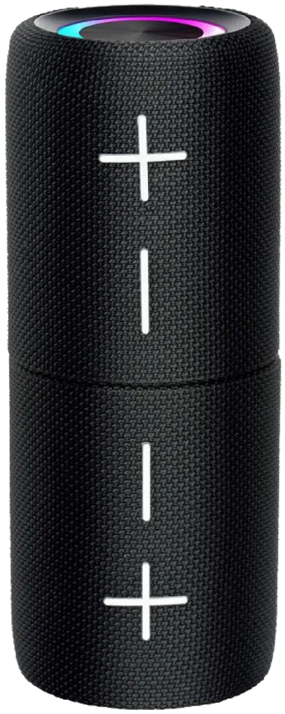 Black portable speaker with visible brand logo on a black background