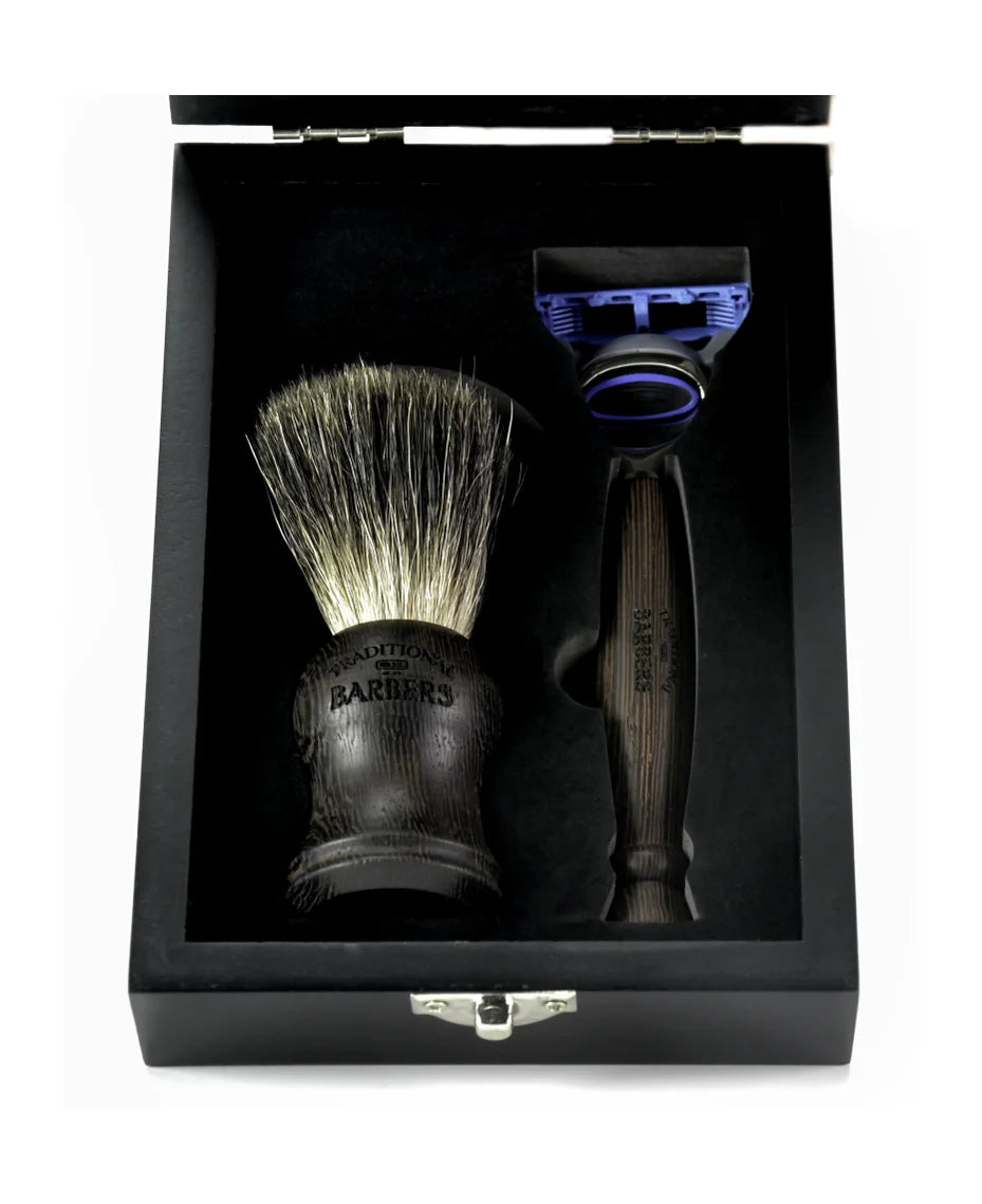 Wenge Wood 3-Piece Shaving Gift Set – Badger Brush, Razor & Travel Case