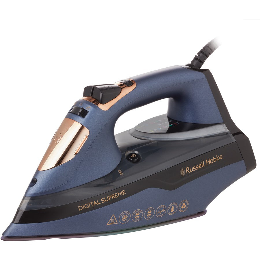 Blue and black iron with 'Russell Hobbs' branding on a white background
