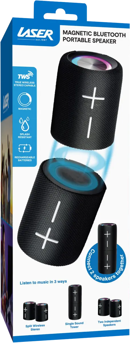 Black portable Bluetooth speaker with packaging displaying brand logos and product features.