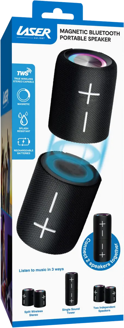 Black portable Bluetooth speaker with packaging displaying brand logos and product features.
