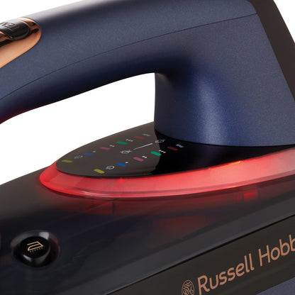 Close-up of a Russell Hobbs iron with a red light on a white background