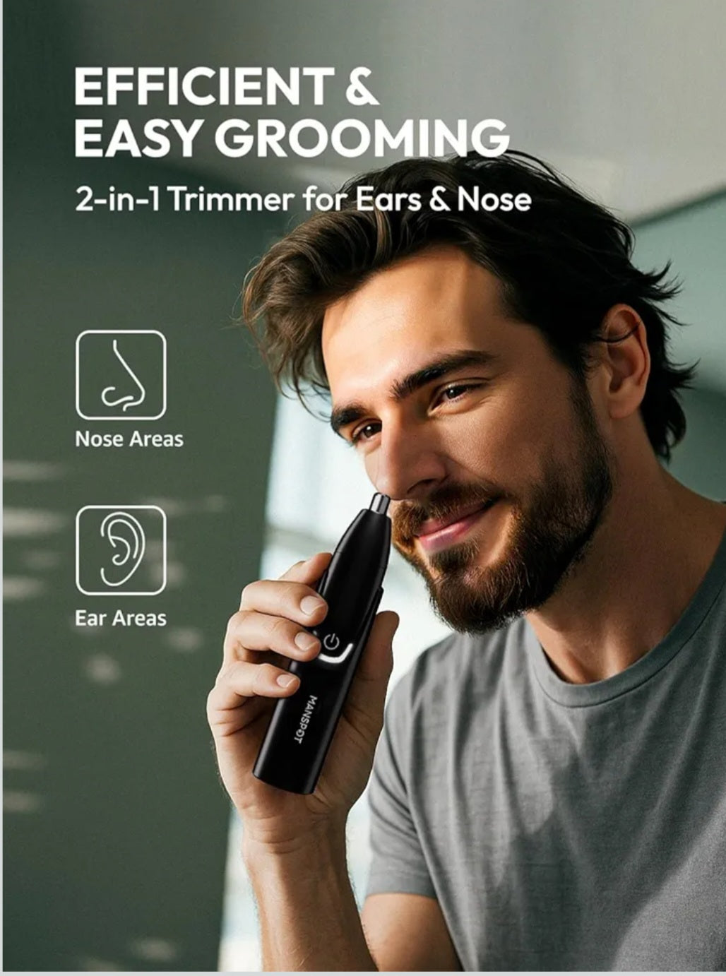 Man using a 2-in-1 trimmer for ears and nose with text 'Efficient & Easy Grooming' on a blurred background.