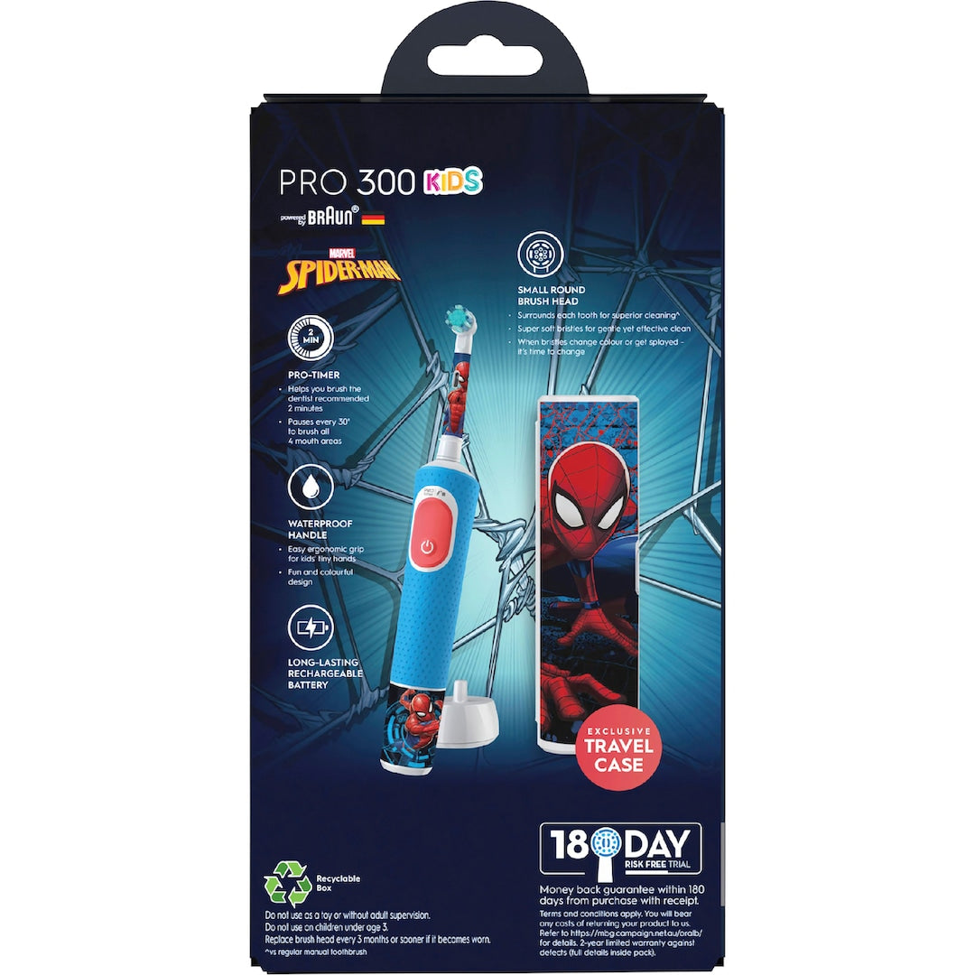 Packaging of a Spider-Man themed electric toothbrush with travel case on a white background