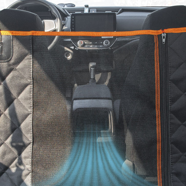 Dog sitting on pet car seat cover