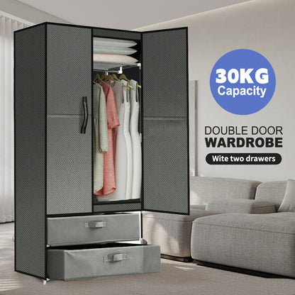 Grey portable fabric wardrobe with drawers and magnetic doors