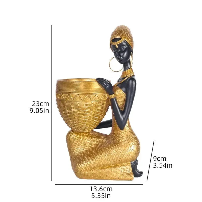 African Girl Resin Sculpture Plate Tray Vintage Black Gold Storage Home Decor AEX