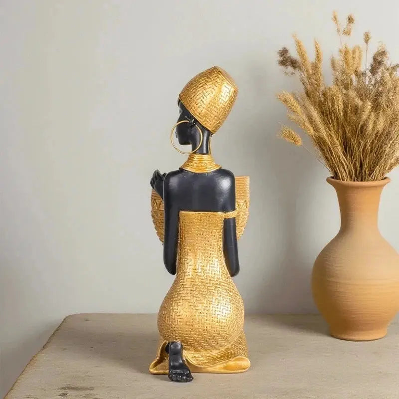 African Girl Resin Sculpture Plate Tray Vintage Black Gold Storage Home Decor AEX