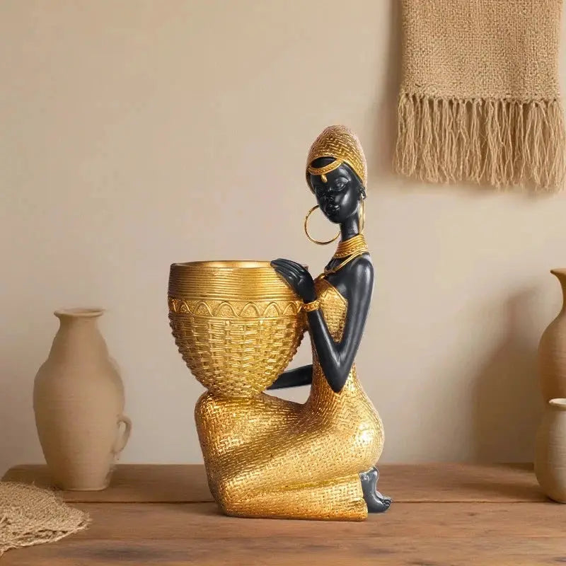 African Girl Resin Sculpture Plate Tray Vintage Black Gold Storage Home Decor AEX