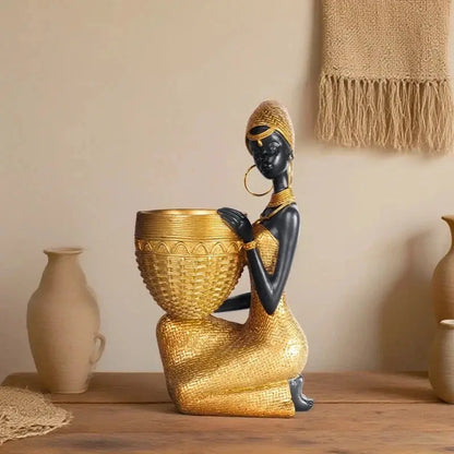 African Girl Resin Sculpture Plate Tray Vintage Black Gold Storage Home Decor AEX