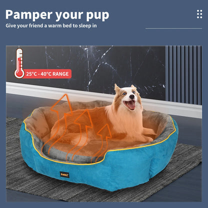 Dog lying on a blue pet bed with a temperature indicator and text 'Pamper your pup'.